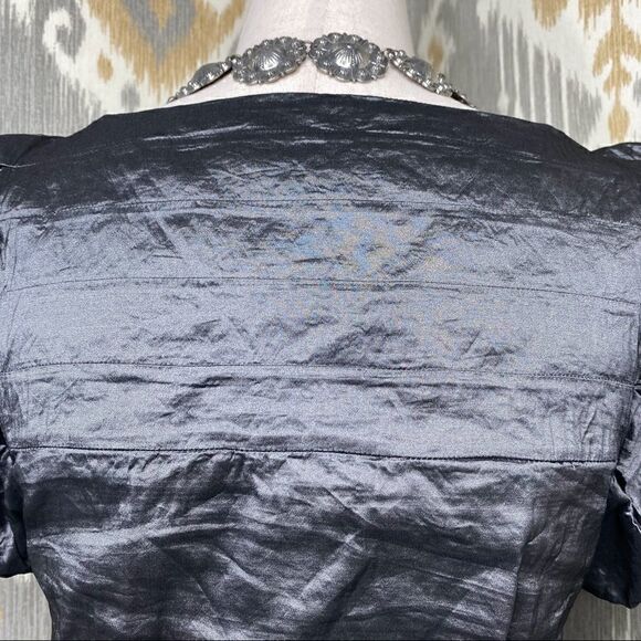 Ralph Lauren Gunmetal Pewter Metallic Pouf Sleeve Stretch Blouse - Picture 10 of 16